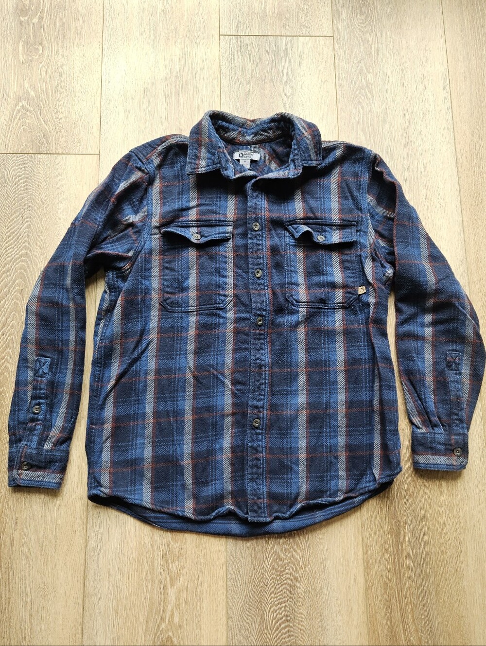 Gander Mointain Navy Blue Burnt Orange Plaid Long-Sleeve Flannel Jacket